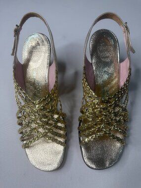 Vintage Gold Braided Strap Heels Y2K Metallic Sandals Size 8